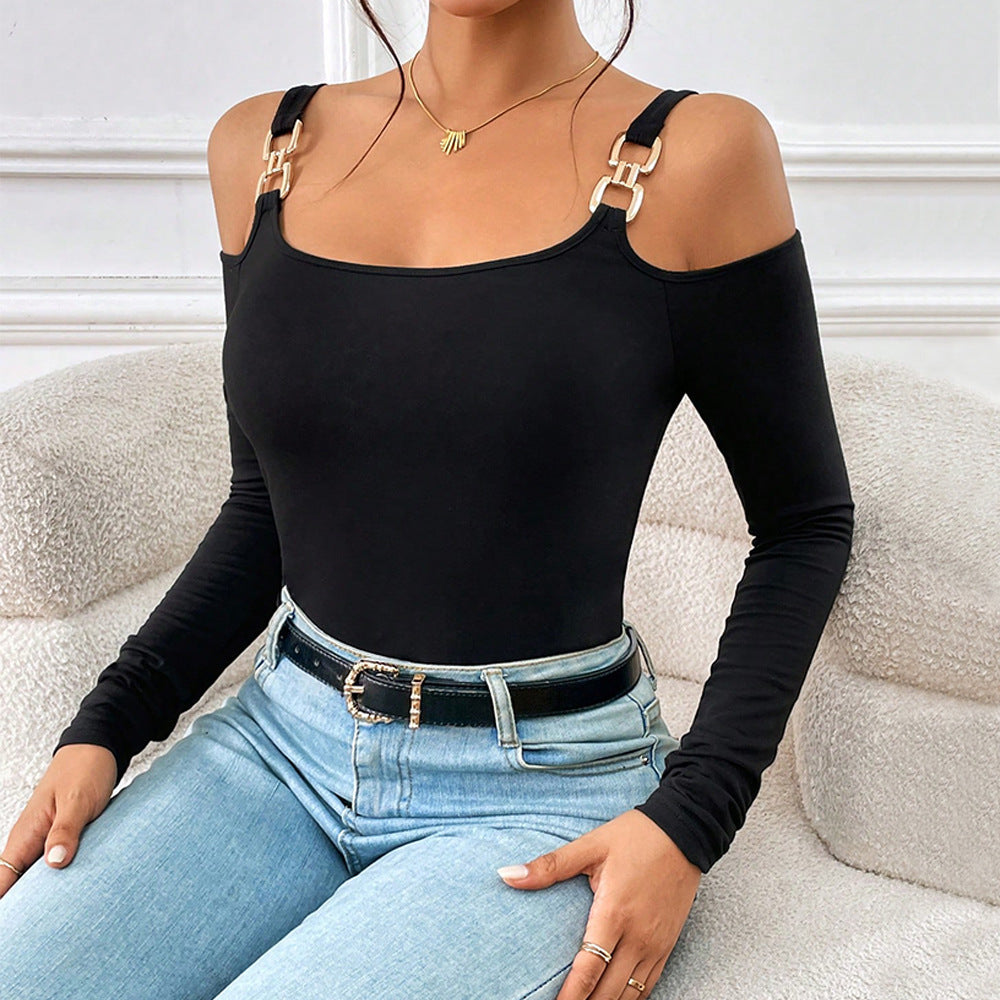 Suspender Off-Shoulder Metal Hook Long-Sleeved Sexy Top