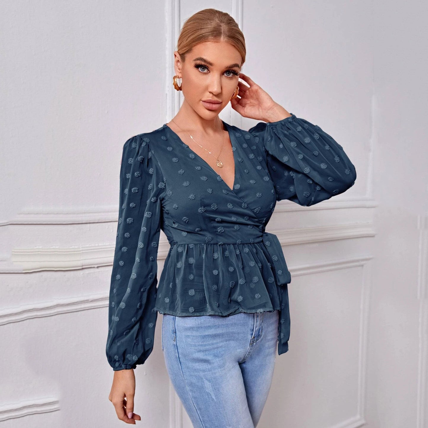 Women V-neck Slim-fit Light Mature Blouse