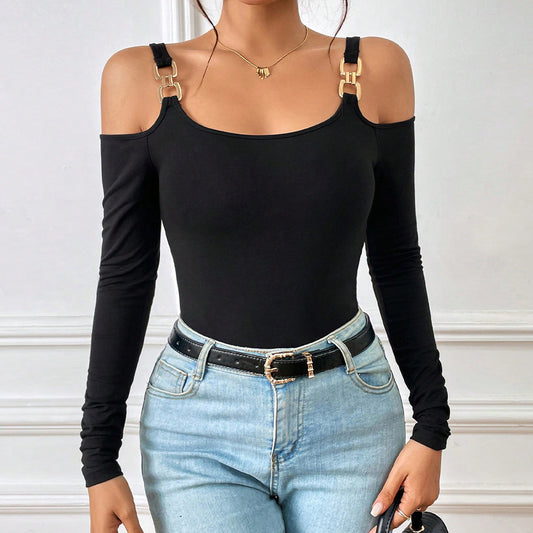 Suspender Off-Shoulder Metal Hook Long-Sleeved Sexy Top