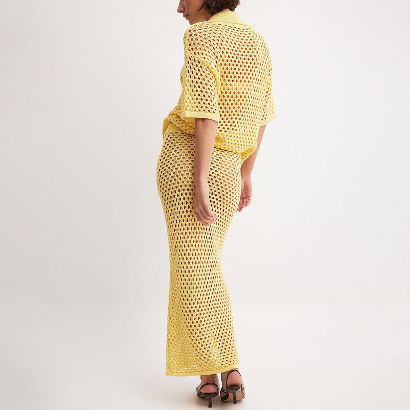 Fashion Hollowed-out Fishnet Knitted Shirtdress