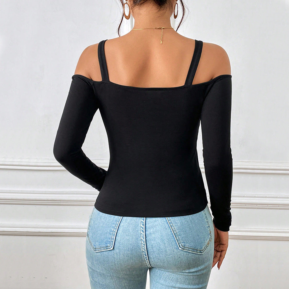 Suspender Off-Shoulder Metal Hook Long-Sleeved Sexy Top