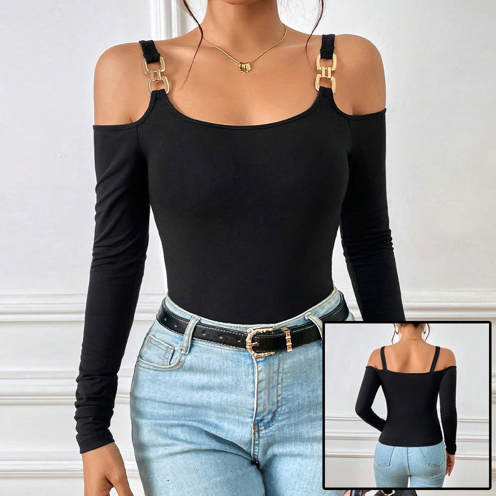 Suspender Off-Shoulder Metal Hook Long-Sleeved Sexy Top