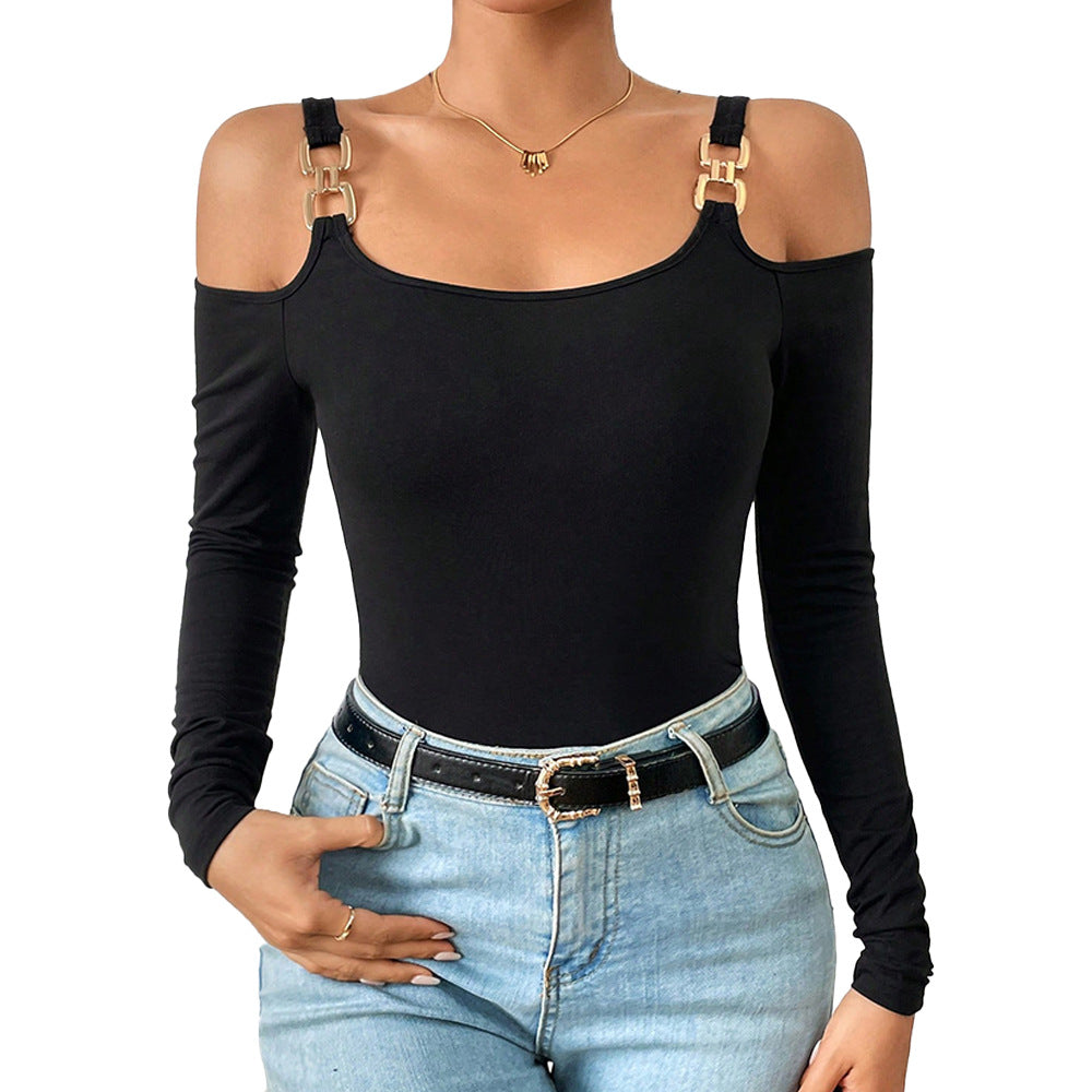 Suspender Off-Shoulder Metal Hook Long-Sleeved Sexy Top