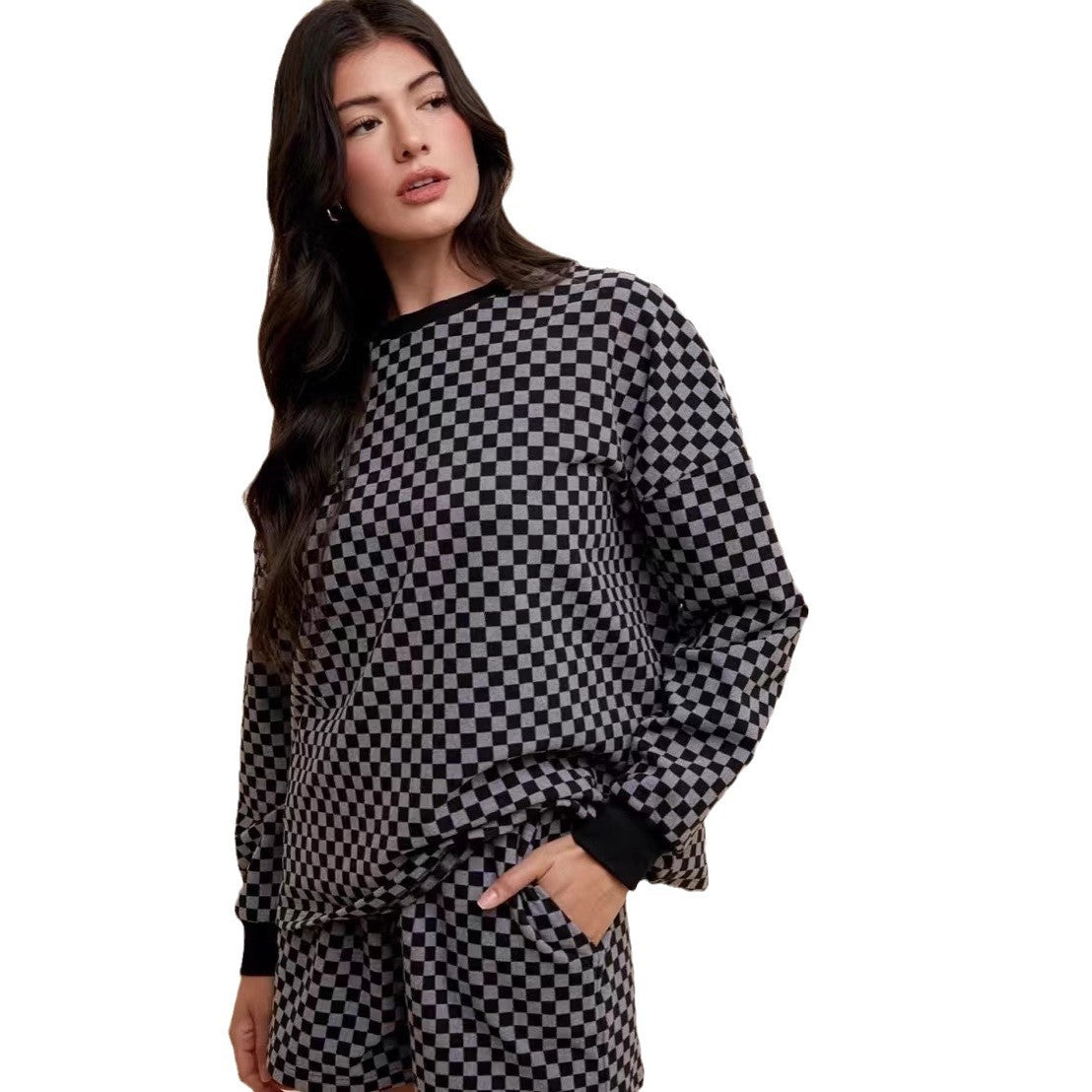 Simple Pattern Round Neck Top Drawstring Shorts Suit