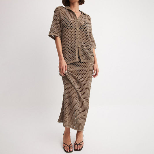 Fashion Hollowed-out Fishnet Knitted Shirtdress